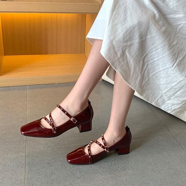 

dress shoes 2021 autumn square toe shallow mouth thick heel mary jane women's all-match rivet leather mid-heel x410, Black