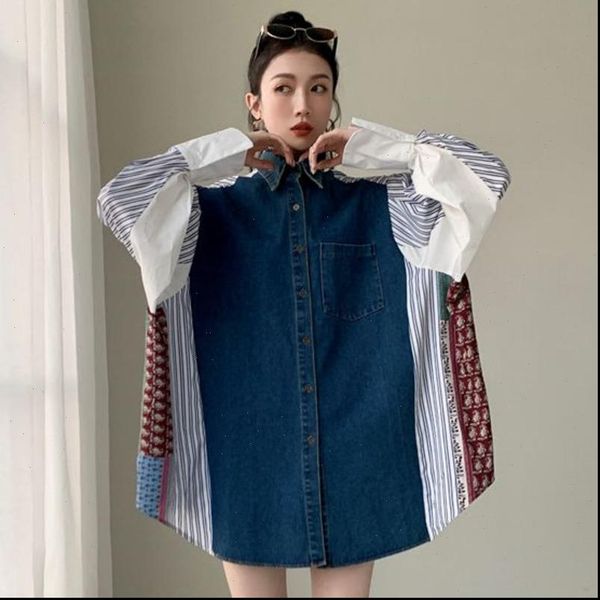 

womens dresses [ewq] spring female loose vintage turn down collar single breasted panelled print long sleeve straight shirt dress 8y047, Black;gray