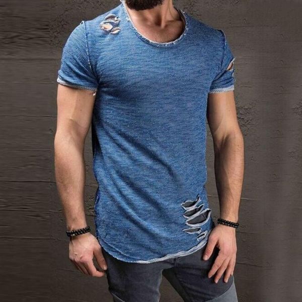 

men's t-shirts 2021 summer solid color slim fits short sleeve t-shirt casual fashion ripped hole tshirt o neck tee shirt homme, White;black