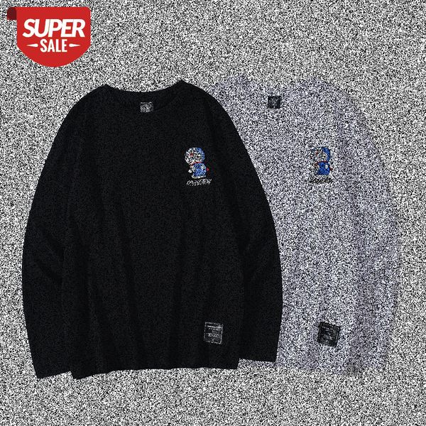 

autumn and winter original design up flow personality cartoon embroidery pattern loose long-sleeved shirt men's t-shirt #cn3u, White;black