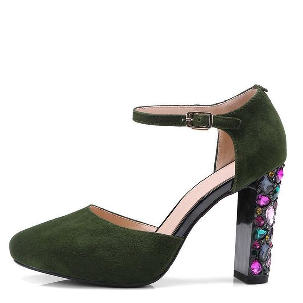 

women green sandals plus size 34-43 leather crystal high hooks summer sheepskin pumps, Black