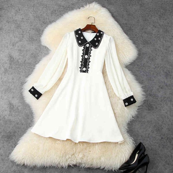 

high street fashion spring runway dress women's color block peter pan collar beaded 210521, Black;gray
