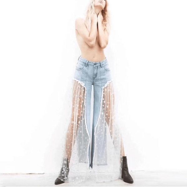 

women's jeans mesh stitching woman plus size full length zipper lace wide leg pants high waist ripped for women, Blue
