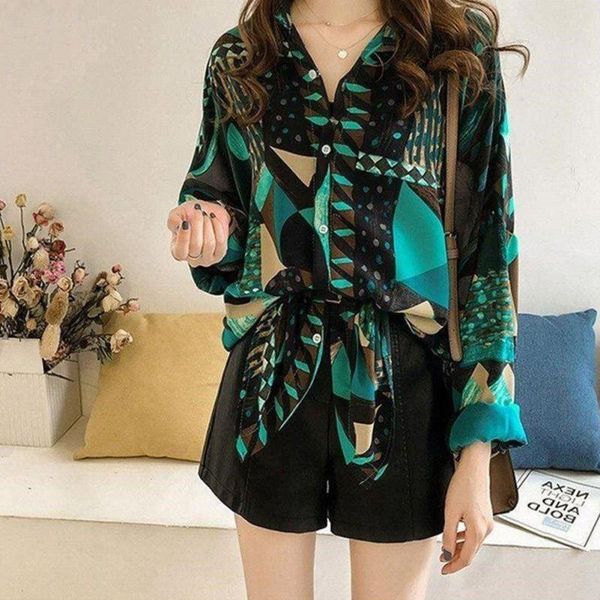 

summer women blouse print vintage lapel shirt long sleeve sun protection female women's blouses & shirts, White