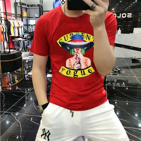 

w2003 new beauty portrait cotton t-shirt men's slim short sleeve summer embroidery pattern trend, White;black