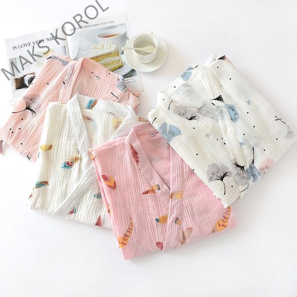 

women's sleepwear maks korol summer japanese style 100% cotton gauze bath robe women cute home bathrobe printing long kimono night gown, Black;red