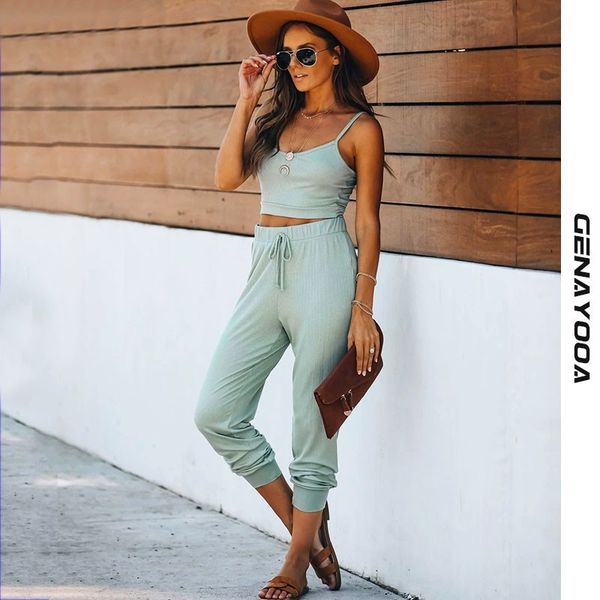 

genayooa sleeveless korean style women's tracksuit summer pant suits streetwear two piece set crop women high waist 210417, White