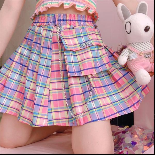 

womens skirts harajuku plaid women kawaii high waist a line pleated mini rainbow korean japanese school uniform, Black