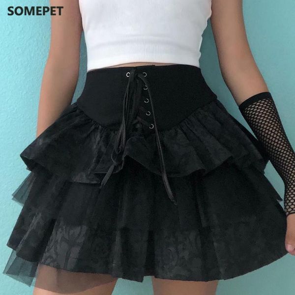 

goth aesthetic lace up mini skirt for women dark academia mesh patchwork a-line punk style party black saias skirts