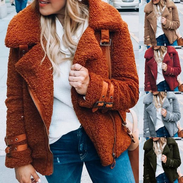 

women's down & parkas 2021 warm fluffy faux fur teddy bear coat autumn winter women jacket overcoat female lapel zipper outerwear, Black