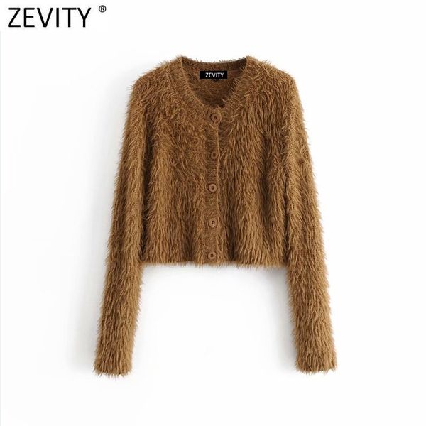

zevity women fashion o neck solid color fur short knitting sweater femme chic single breasted cardigan casual s589 210419, White;black
