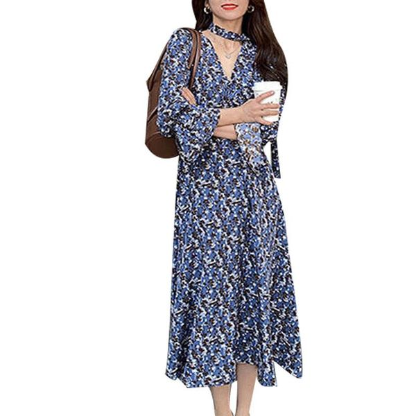 

casual dresses women's spring autumn chiffon dress printed flare sleeve v-neck sweet ss3630, Black;gray