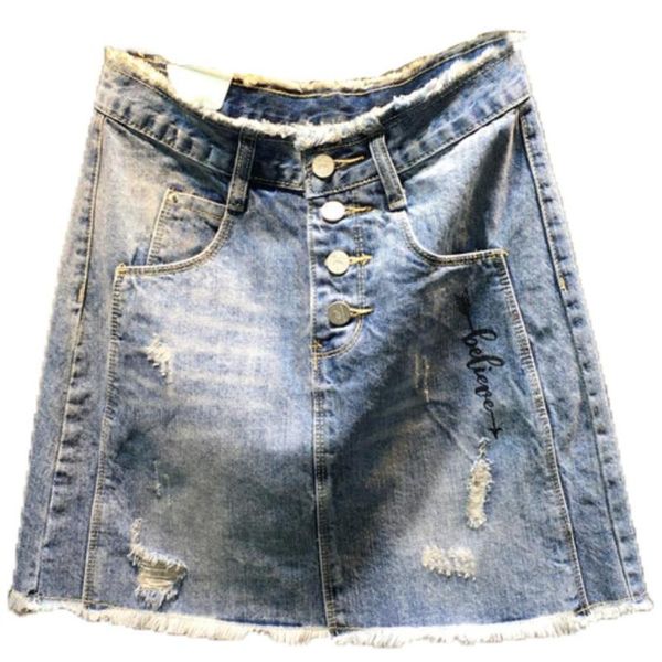 

skirts 2021 summer fashion hole letter single breasted printed high waist package hip denim skirt a-line jeans plus size 2xl, Black