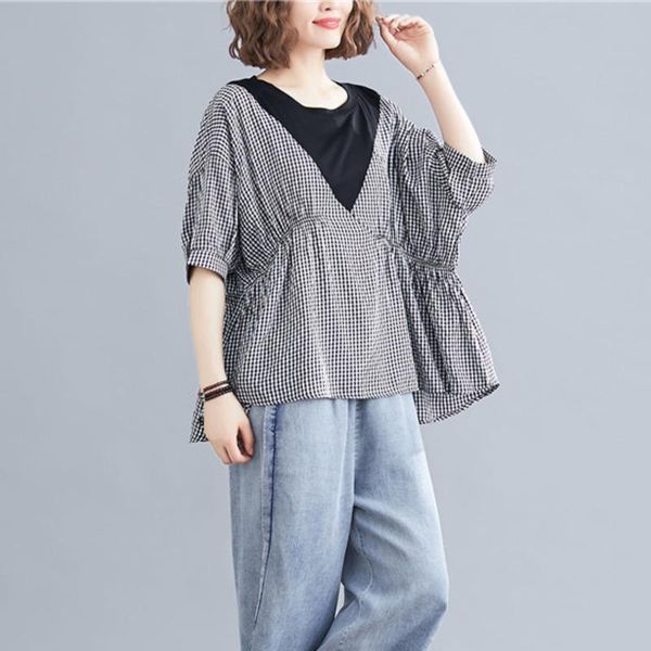 

women's blouses & shirts [ewq] 2021 summer cotton linen round collar half sleeve hit colors plaid patchwork pullovers vintage shirt wom, White