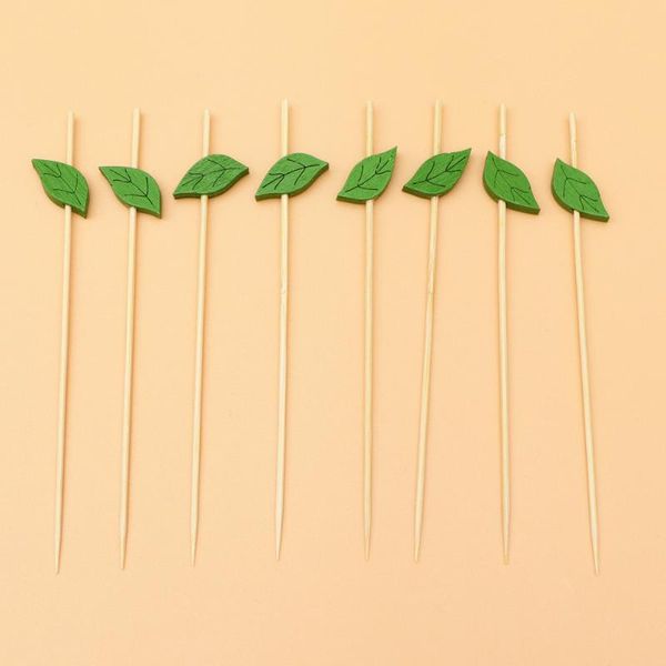 

100pcs disposable fruit picks bamboo cake cocktail sticks party supplies favors for home bar (pointed leaf 12cm) forks