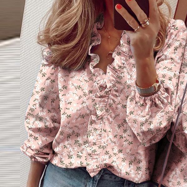 

women's blouses & shirts women blouse summer spring shirt solid ruffle v neck long sleeve slim pineapple printed, White