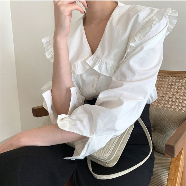 

casual ruffles blouses solid chic office lady gentle shirts vintage women ol elegance loose all match clothe 210421, White