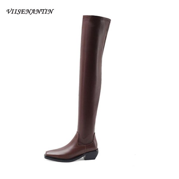 

boots thick-soled square heel leather over-the-knee stretch comfortable feet toe thick and thin, Black