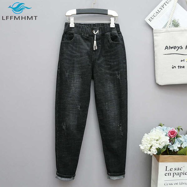 

3323 spring summer fashion women large 100kg casual loose female elastic waist oversize jean trousers jeans wild pants 210927, Blue