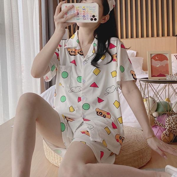 

anime pijama kawaii homewear crayon women sleepwear print short pants casual cute shirts summer pajama student cartoon, Black;red