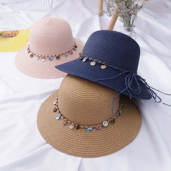

wide brim hats handmade sunscreen beach big sun cap straw hat bowknot color sequins, Blue;gray