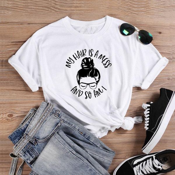 

women's t-shirt gothic my hair is a mess and so am i skeleton 100% cotton funny women fashion hipster street style tumblr tshirt tee, White