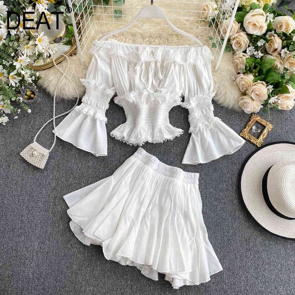 

spring summer long flare sleeve slash neck slim short mini pleated skirt women two piece set outfits mi024 210525, White