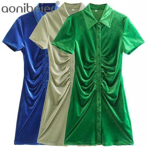 

green velvet straight mini dress summer short sleeve ruched detail buttons turn down collar women casual shirt 210604, Black;gray