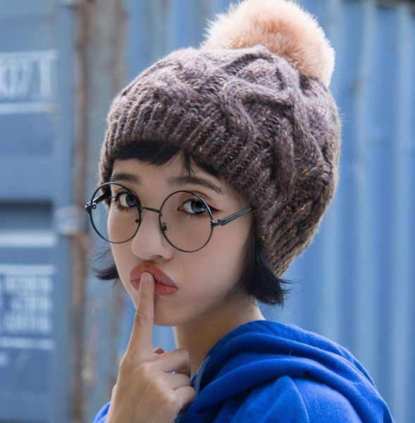 

winter big wool ball thickened warm hat mixed color curled knitted female