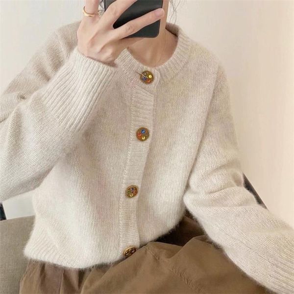 

women's knits & tees shirt knitted spring/ autumn the solid color fluff clothes outside female round collar knitting cardigan coat, White