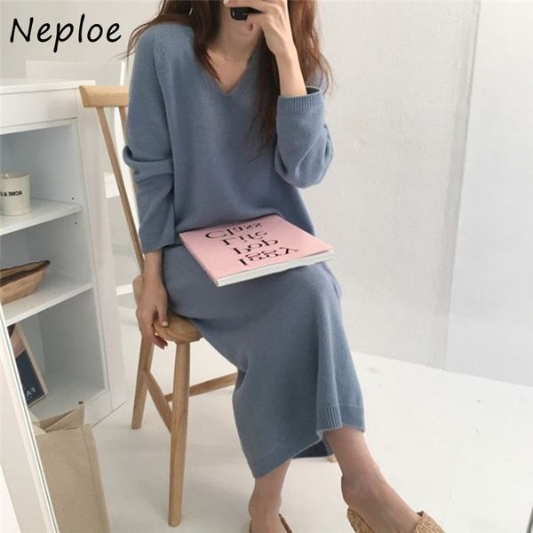 NEPLOE Malha Sweater Vestido Mulheres Outono Inverno Coreano Vintage V Neck Manga Completa Casual Maxi Vestido Longo Plus Size Vestido Robe 210423