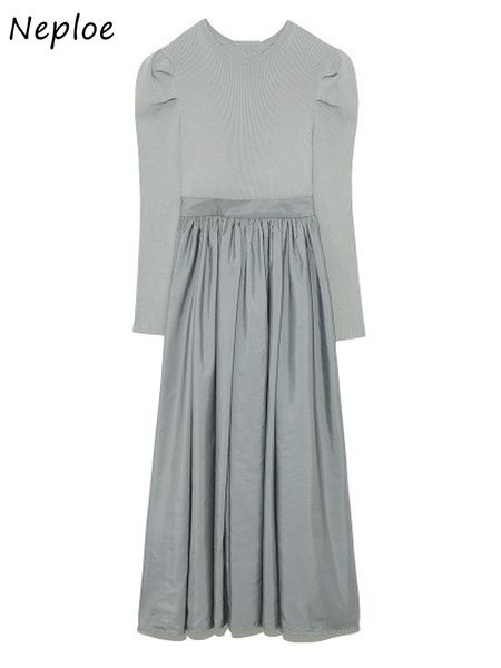 

neploe japan style high waist big swing dresses puff sleeve knit patchwork women dress spring new elegant o neck vestidos 210423, Black;gray