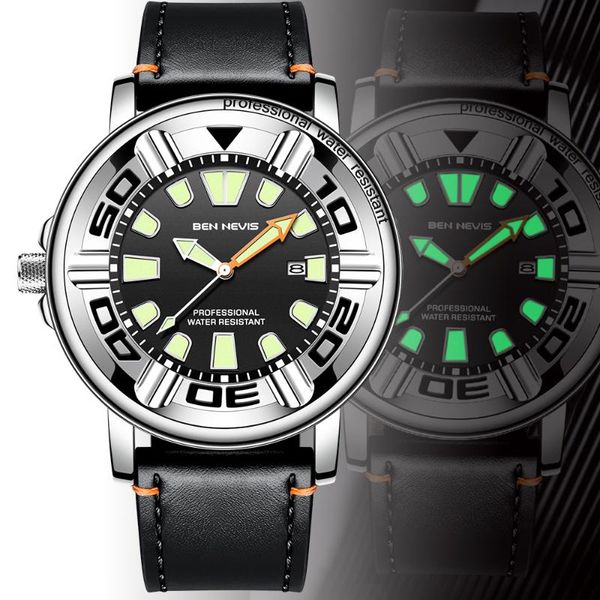 

wristwatches luxury luminous quartz watch for men creative sport military leather wristwatch big numerals dial waterproof clock dress reloj, Slivery;brown