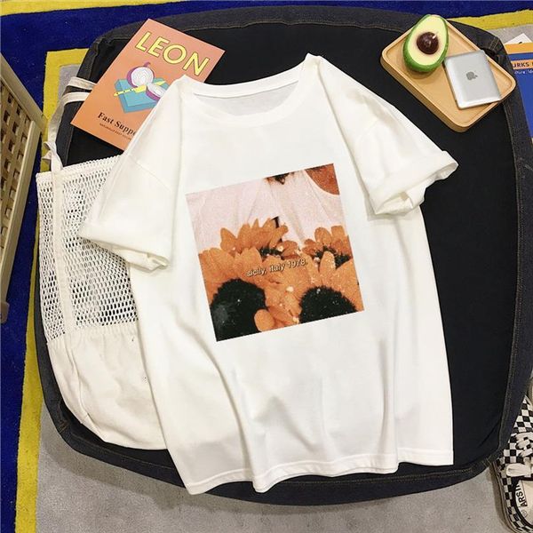 

summer art leisure loose mens t shirt and women literature fun sunflower short sleeve plus size harajuku chic womens clothing, White;black