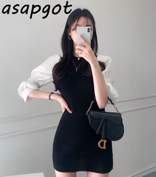 

dresses spring chic korea o neck puff long sleeve contrast patchwork fake two piece dress women mini slim retro elegant wrap hip 210429, Black;gray