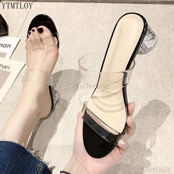 

women summer outdoor slides sandal transparent crystal heel slippers elegant slide zapatillas casa mujer sapato feminino, Black