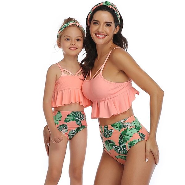 

family matching outfits summer mother daughter printed swimsuit bikini bathing suit flounce design swimwear 210417, Blue