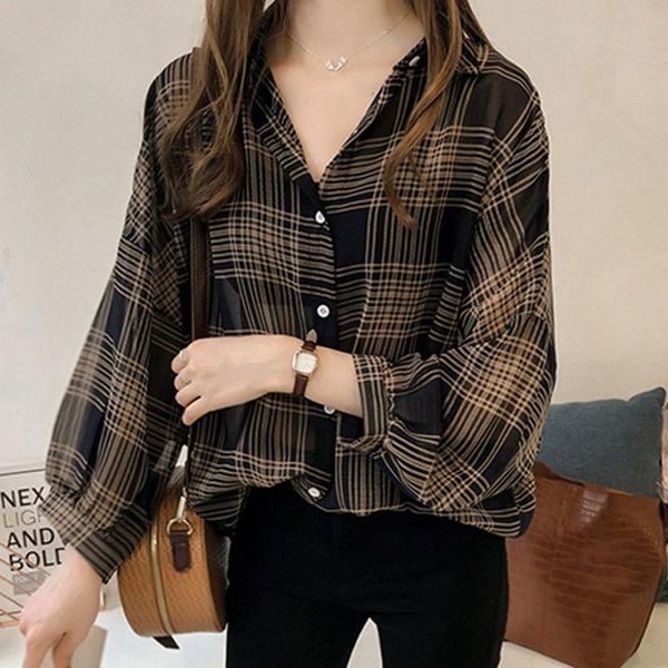

shirts 2021 brand womens long sleeve casual plaid ol loose ladies button v-neck blouse women's blouses &, White