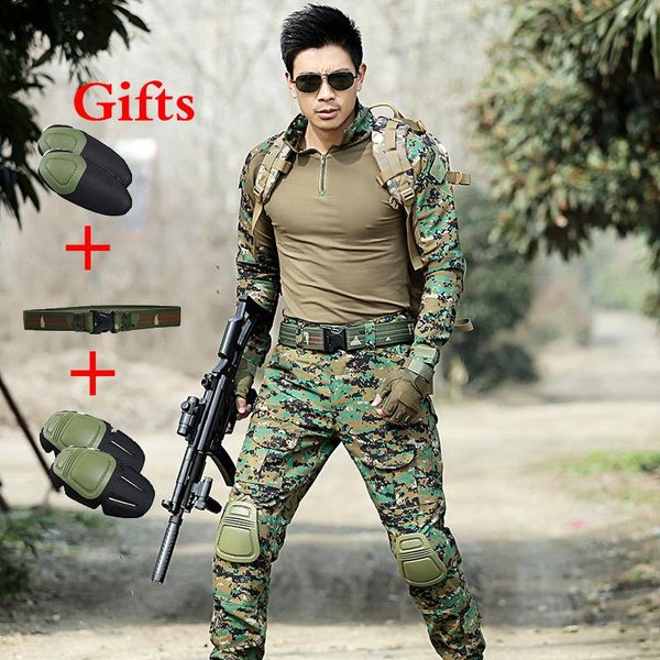 

hunting sets army ghillie suit shirt with elbow pads tactical pants knee training uniform combat camouflage, Camo