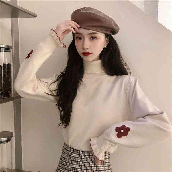 

woman sweaters femme chandails turtleneck sweater ruffled knitted womens clothing autumn winter coat pull hiver, White;black
