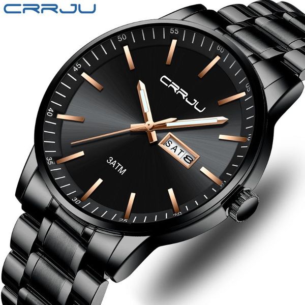 

wristwatches 2021 crrju fashion men's watch black man sports wristwatch waterproof steel calendar quartz male clock relogio, Slivery;brown