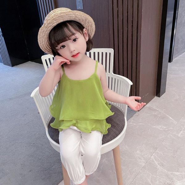 

keelorn girls casual clothing sets 2021 korean baby girl solid chiffon vest and pants outfits 2pcs kids summer clothes suits, White