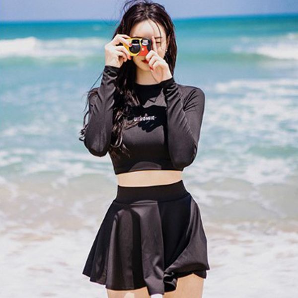 

skirt korean female split conservative black bikini better spring swimsuit long sleeve slim, White;black