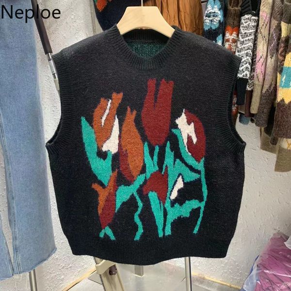 

neploe women sweater korean casual vest autumn crochet floral sleeveless o-neck pullover knitted fashion waistcoat 4g471 210422, White;black
