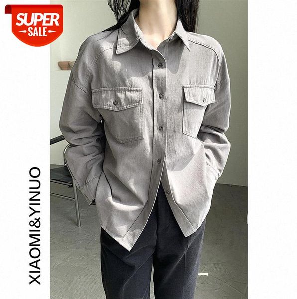 

[ou fan] 7652 simple pocket long sleeve washed cotton thick shirt women korean casual #ap7g, Black;gray