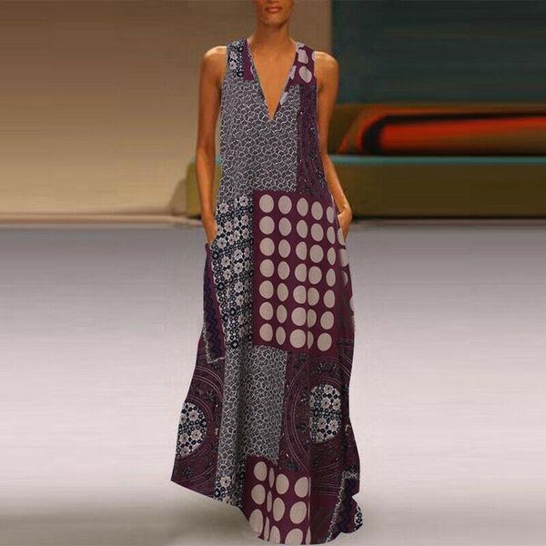 

maternity dresses patchwork casual v-neck sleeveless tank dress pocket printing long maxi loose summer large size elbise #g3, White