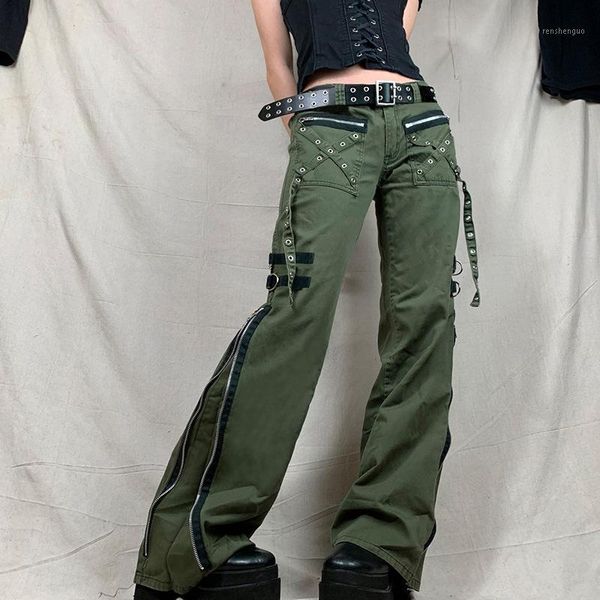 

women's pants & capris army green cargo women emo alt denim gothic punk style jeans techwear hip hop baggy jogger streetwear trousers k, Black;white