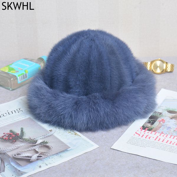 

outdoor winter warm soft knitted real genuine fox fur hats women mink caps beanies party hat, Silver