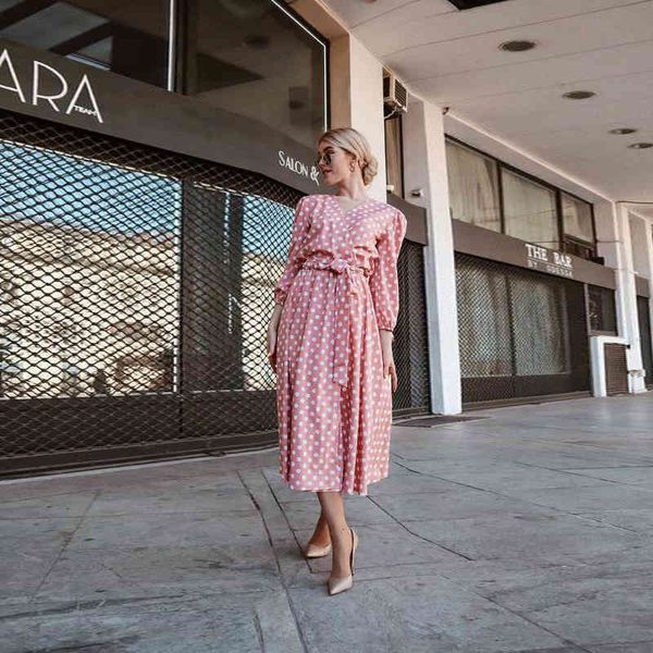 

dresses casual dot printed sashes wrist sleeve v neck elegant mid 2021 spring women vintage party dress, Black;gray