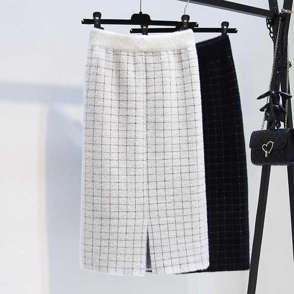 

skirts thickened mink knitted skirt winter with sweater mid long split plaid one-step hip women's, Black
